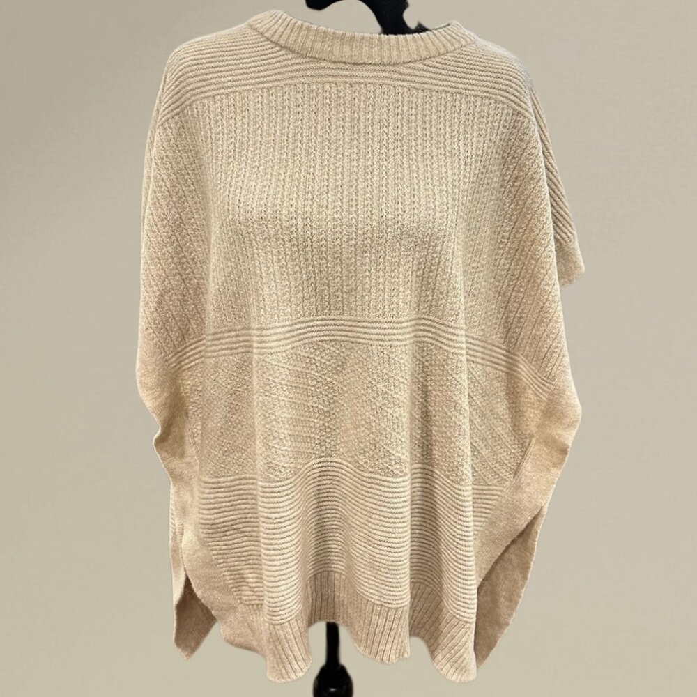 Beige Textured Knit Poncho Sweater